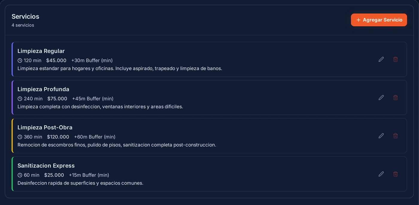 Aba Serviços do painel com cada serviço, sua duração e seu preço