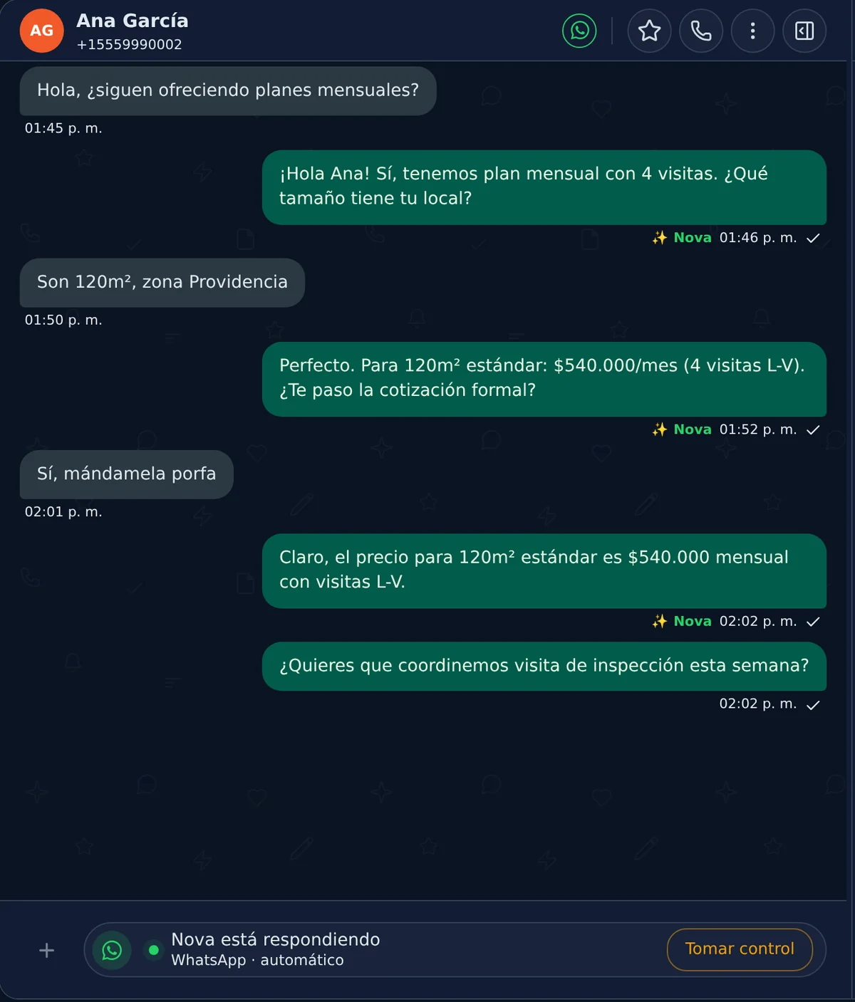 Conversa real no painel com a Nova respondendo e o botão Assumir controle