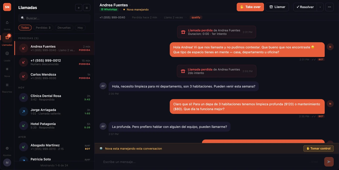 Wireframe da caixa de chamadas e conversas com o botão Take over