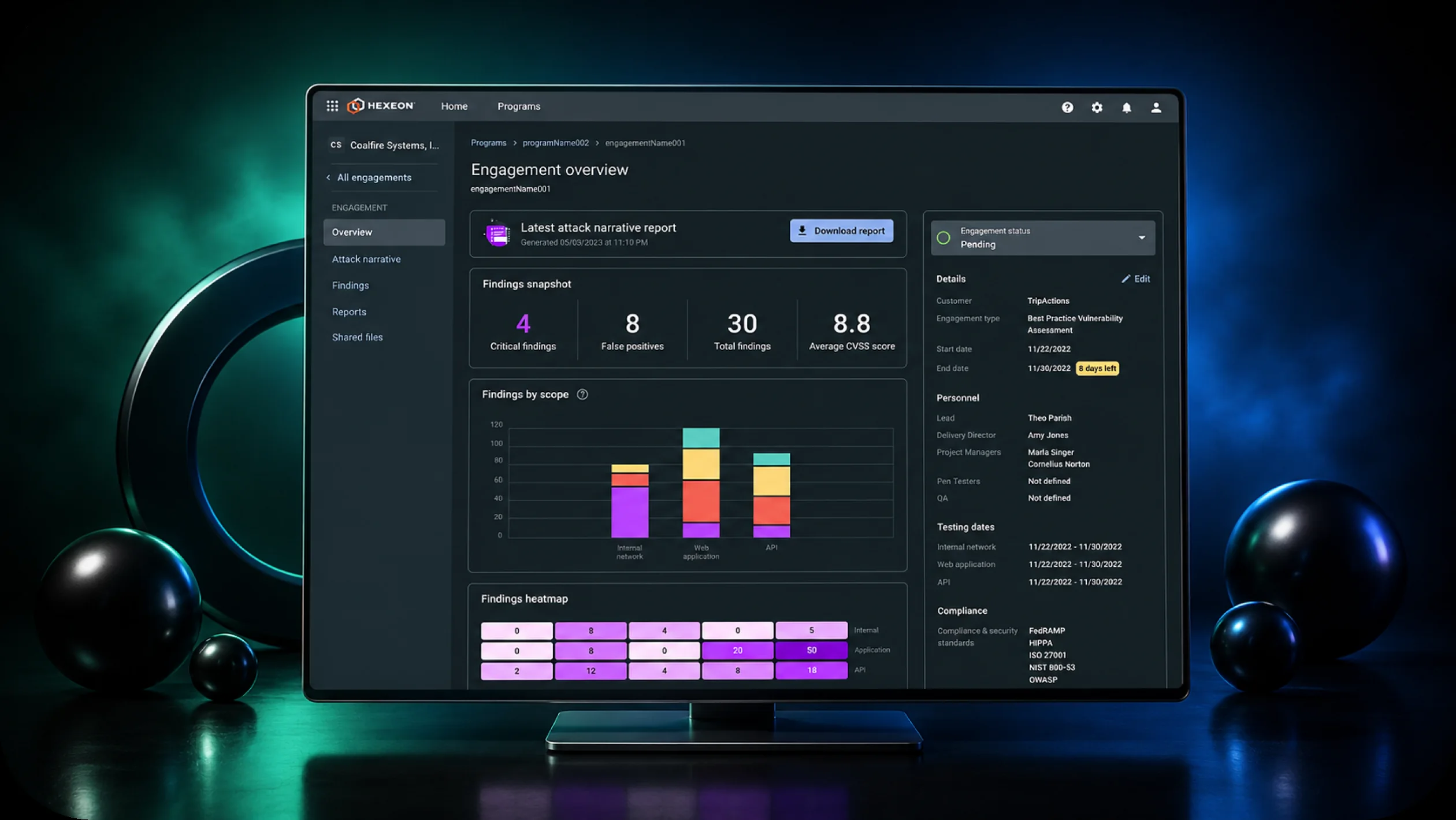 Painel da plataforma de pentest Hexeon para a Coalfire