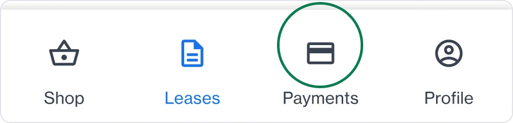 Navegación nueva de MyAccount con cuatro territorios: Shop, Leases, Payments y Profile