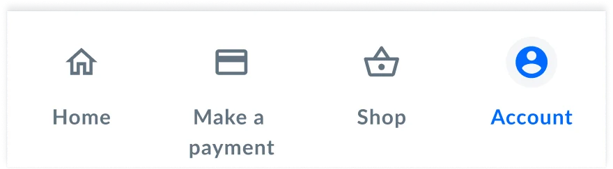 Navegación anterior de MyAccount con cuatro pestañas: Home, Make a payment, Shop y Account