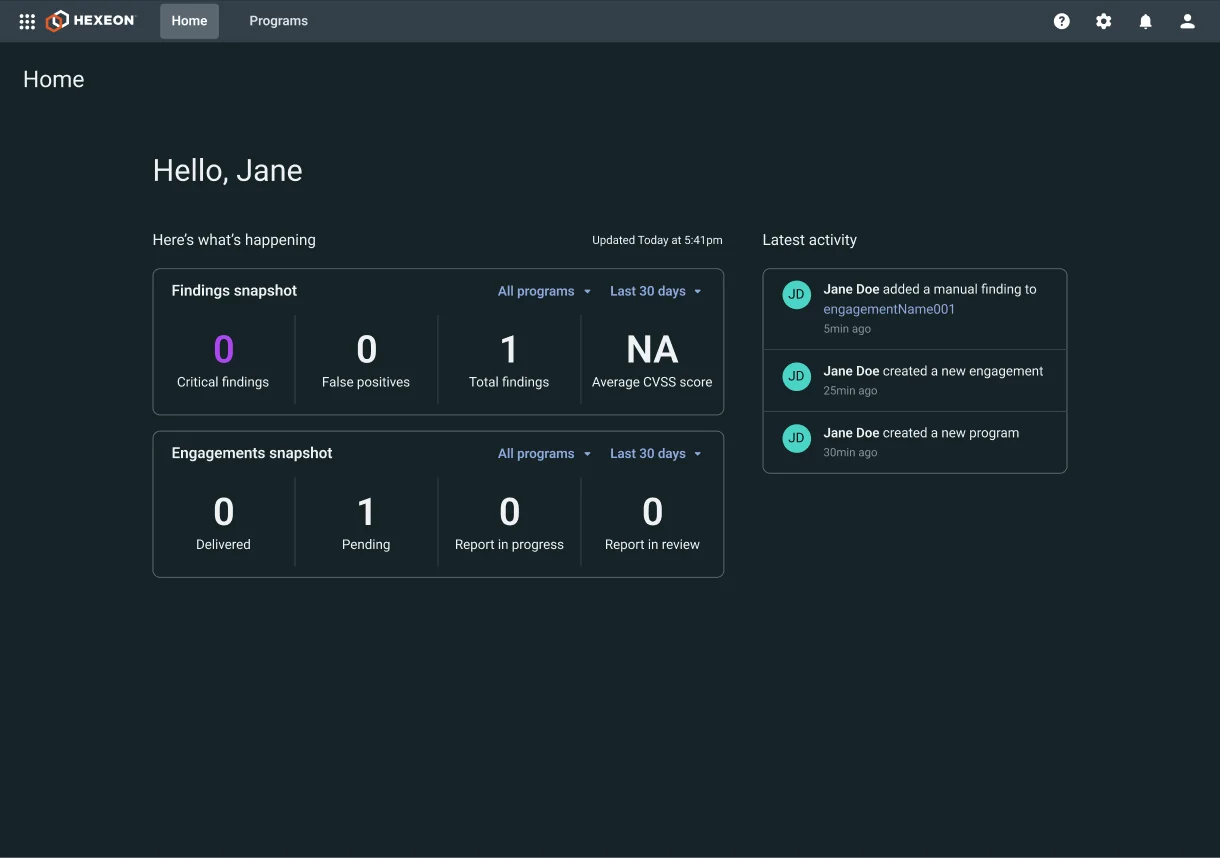 Home nuevo de Hexeon con hallazgos, engagements y actividad reciente