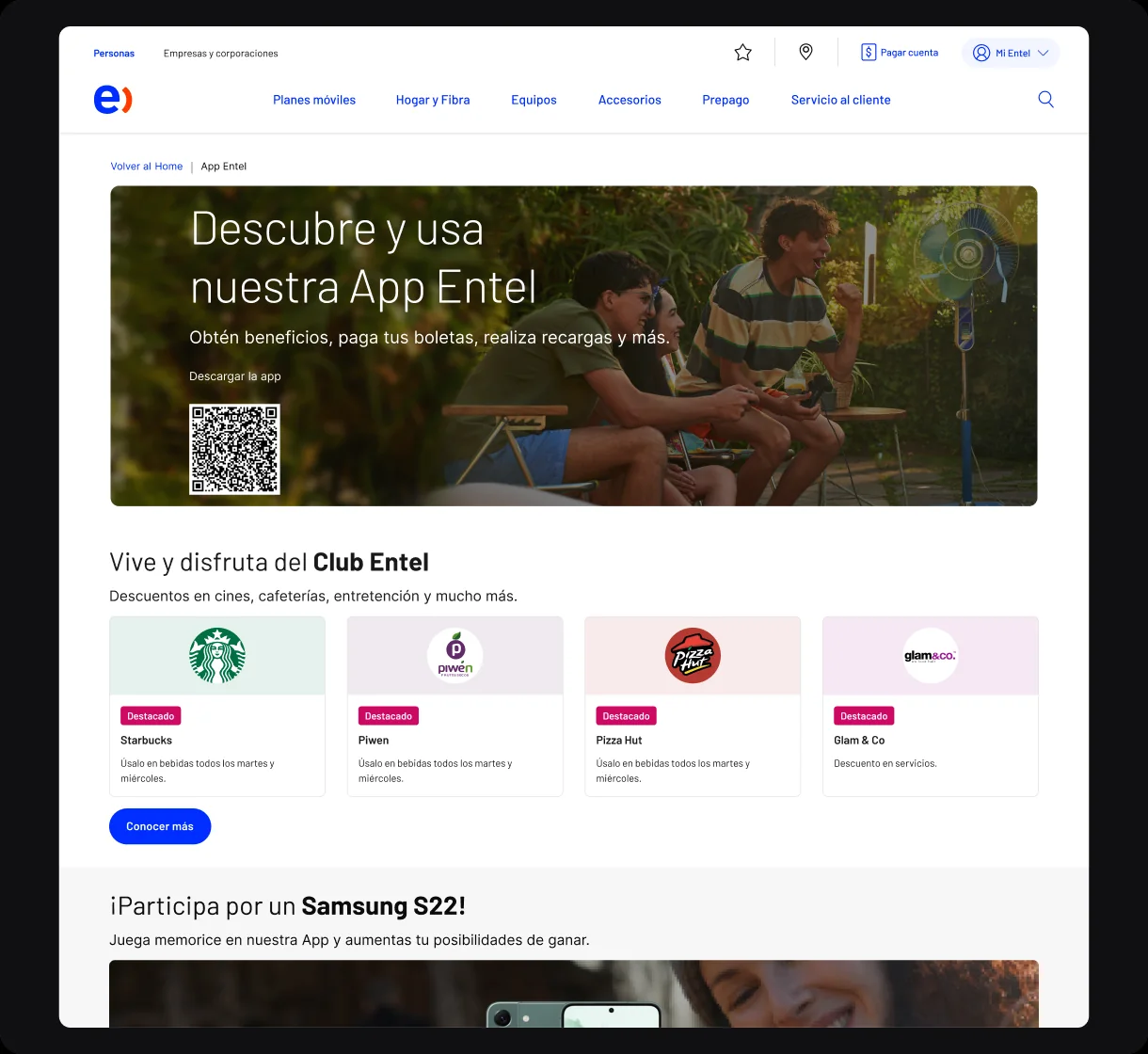 Página web del Club Entel con beneficios destacados, precios y condiciones visibles